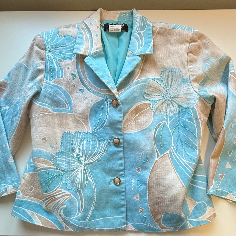 Vtg Christina Hope Floral Beaded Crop Sleeve Blazer Jacket Sz MP Coastal Grandma